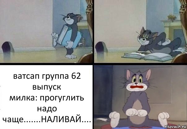 ватсап группа 62 выпуск
милка: прогуглить надо чаще.......НАЛИВАЙ...., Комикс  Кот Том в шоке