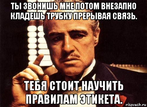 ты звонишь мне потом внезапно кладешь трубку прерывая связь. тебя стоит научить правилам этикета., Мем крестный отец