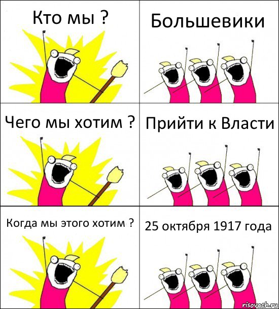 Кто мы ? Большевики Чего мы хотим ? Прийти к Власти Когда мы этого хотим ? 25 октября 1917 года, Комикс кто мы