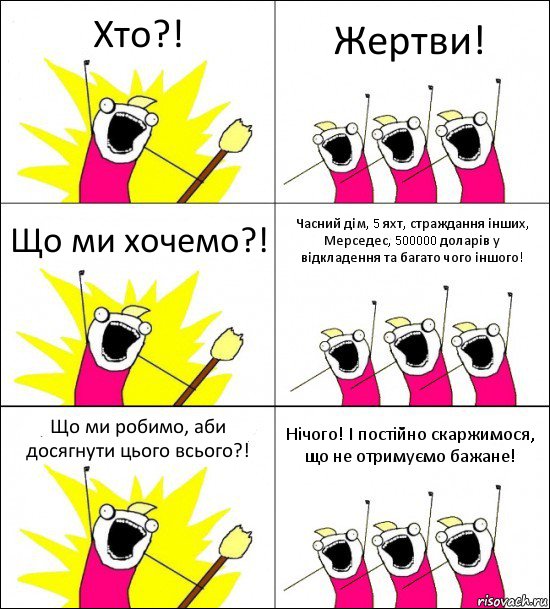 Хто?! Жертви! Що ми хочемо?! Часний дім, 5 яхт, страждання інших, Мерседес, 500000 доларів у відкладення та багато чого іншого! Що ми робимо, аби досягнути цього всього?! Нічого! І постійно скаржимося, що не отримуємо бажане!, Комикс кто мы