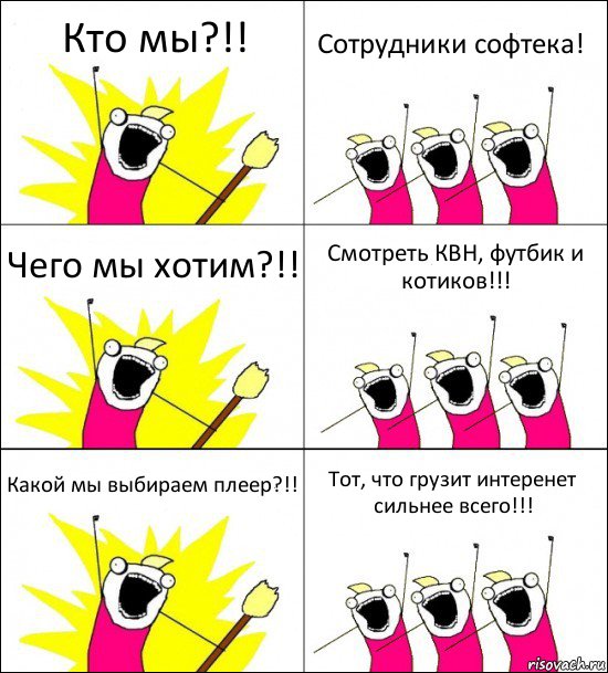 Кто мы?!! Сотрудники софтека! Чего мы хотим?!! Смотреть КВН, футбик и котиков!!! Какой мы выбираем плеер?!! Тот, что грузит интеренет сильнее всего!!!, Комикс кто мы