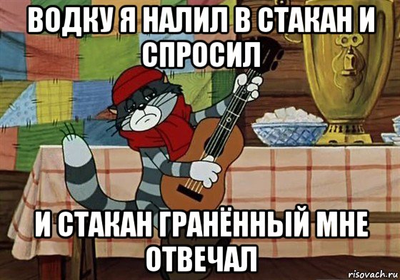 водку я налил в стакан и спросил и стакан гранённый мне отвечал, Мем Грустный Матроскин с гитарой