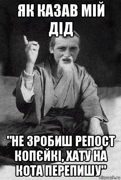 як казав мій дід "не зробиш репост копєйкі, хату на кота перепишу", Мем Мудрий паца