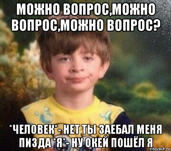 можно вопрос,можно вопрос,можно вопрос? *человек*- нет ты заебал меня пизда *я*- ну окей пошёл я, Мем Недовольный пацан