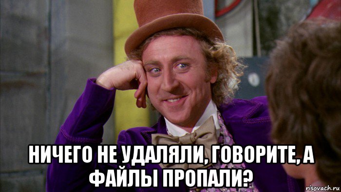  ничего не удаляли, говорите, а файлы пропали?, Мем Ну давай расскажи (Вилли Вонка)