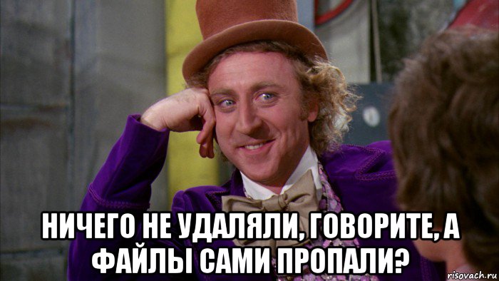  ничего не удаляли, говорите, а файлы сами пропали?, Мем Ну давай расскажи (Вилли Вонка)