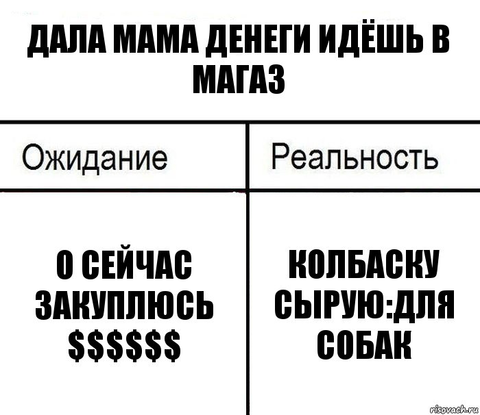 Дала мама денеги идёшь в магаз О сейчас закуплюсь $$$$$$ Колбаску сырую:для собак, Комикс  Ожидание - реальность