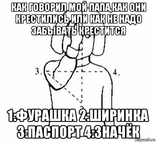 как говорил мой папа,как они крестились или как не надо забывать крестится 1:фурашка 2:ширинка 3:паспорт 4:значёк, Мем  Перекреститься