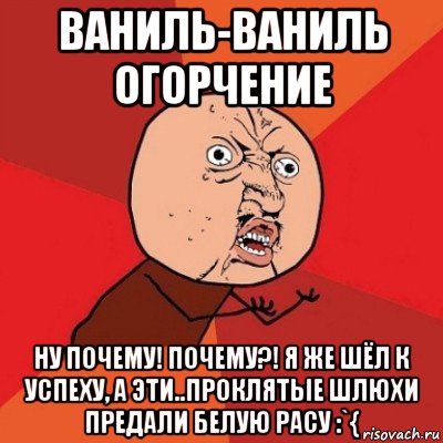 ваниль-ваниль огорчение ну почему! почему?! я же шёл к успеху, а эти..проклятые шлюхи предали белую расу :`{, Мем Почему