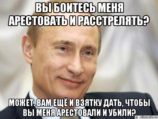 вы боитесь меня арестовать и расстрелять? может. вам ещё и взятку дать, чтобы вы меня арестовали и убили?, Мем Ухмыляющийся Путин