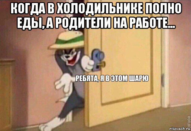 когда в холодильнике полно еды, а родители на работе... , Мем    Ребята я в этом шарю