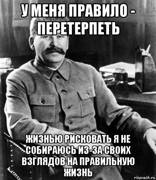 у меня правило - перетерпеть жизнью рисковать я не собираюсь из-за своих взглядов на правильную жизнь, Мем  иосиф сталин