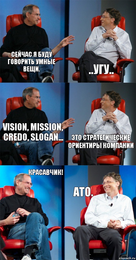 Сейчас я буду говорить умные вещи. ..угу.. Vision, Mission, Credo, Slogan... Это стратегические ориентиры компании Красавчик! Ато., Комикс Стив Джобс и Билл Гейтс (6 зон)