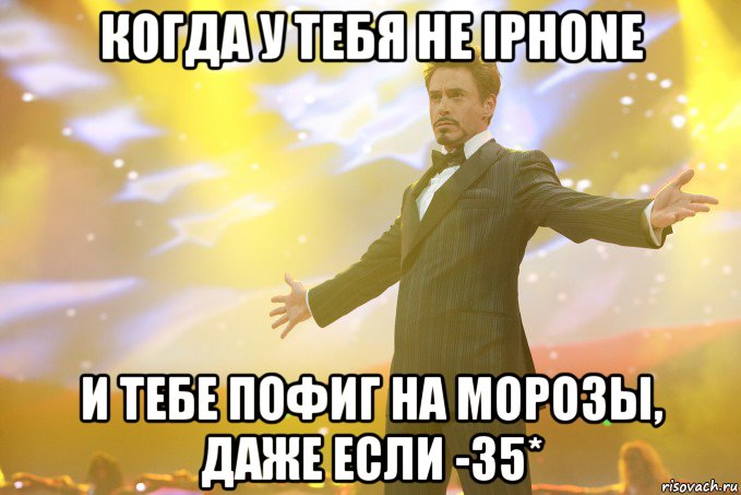 когда у тебя не iphone и тебе пофиг на морозы, даже если -35*, Мем Тони Старк (Роберт Дауни младший)