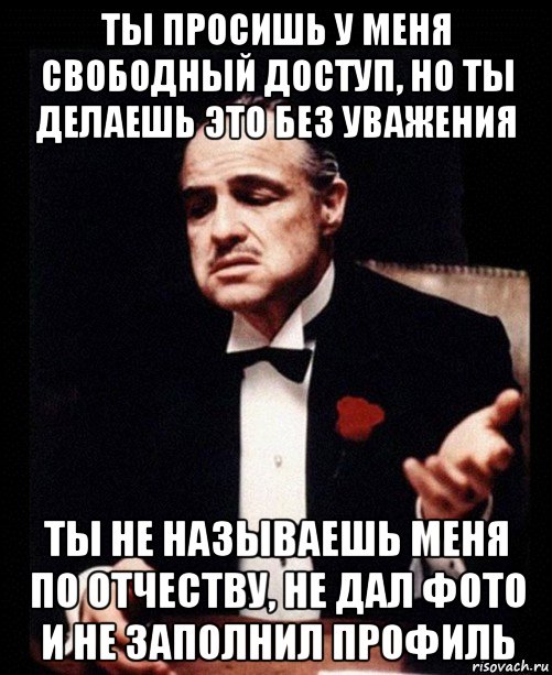 ты просишь у меня свободный доступ, но ты делаешь это без уважения ты не называешь меня по отчеству, не дал фото и не заполнил профиль, Мем ты делаешь это без уважения