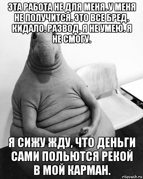 эта работа не для меня. у меня не получится. это все бред. кидало. развод. я не умею. я не смогу. я сижу жду, что деньги сами польются рекой в мой карман.