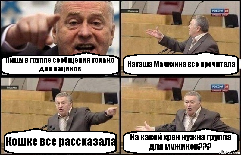 Пишу в группе сообщения только для пациков Наташа Мачихина все прочитала Кошке все рассказала На какой хрен нужна группа для мужиков???, Комикс Жириновский