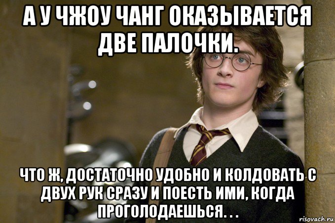 а у чжоу чанг оказывается две палочки. что ж, достаточно удобно и колдовать с двух рук сразу и поесть ими, когда проголодаешься. . ., Мем Гарри Поттер в школе