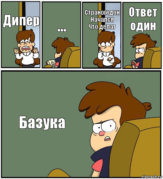 Дипер ... Страногедон
Начался
Что делат Ответ один Базука, Комикс   гравити фолз