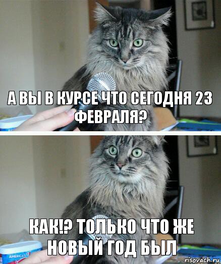 А вы в курсе что сегодня 23 февраля? Как!? Только что же Новый год был, Комикс  кот с микрофоном