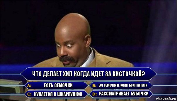 Что делает хил когда идет за кисточкой? Есть семочки ест семочки и ложит болт на пати купается в шкарлупках рассматривает бубочки, Комикс      Кто хочет стать миллионером