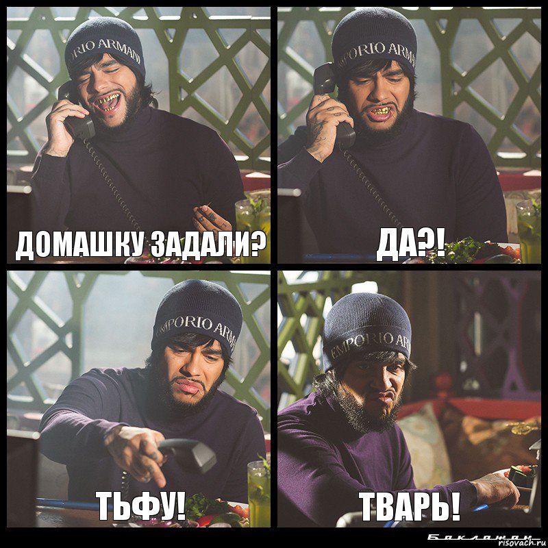 Домашку задали? ДА?! Тьфу! ТВАРЬ!