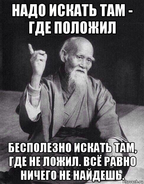 надо искать там - где положил бесполезно искать там, где не ложил. всё равно ничего не найдешь., Мем Монах-мудрец (сэнсей)