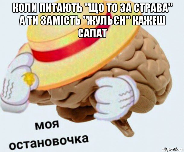 коли питають "що то за страва" а ти замість "жульєн" кажеш салат , Мем   Моя остановочка мозг