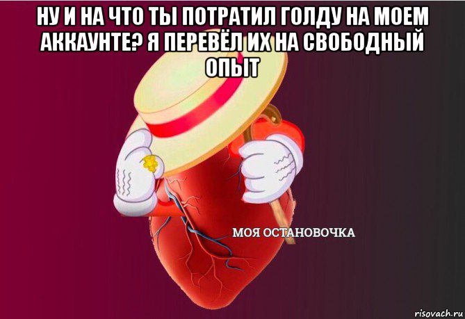 ну и на что ты потратил голду на моем аккаунте? я перевёл их на свободный опыт , Мем   Моя остановочка