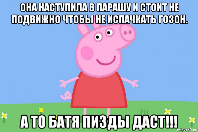 она наступила в парашу и стоит не подвижно чтобы не испачкать гозон. а то батя пизды даст!!!, Мем Пеппа