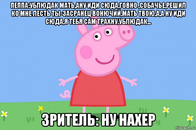 пеппа:ублюдак мать,ану иди сюда,говно ,собачье,решил ко мне лесть ты-засранец вонючий,мать твою,а,а ну иди сюда,я тебя сам трахну,ублюдак... зритель: ну нахер, Мем Пеппа