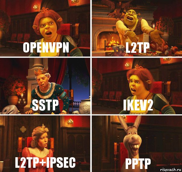 OpenVPN L2TP SSTP IKEv2 L2TP+ipSEC PPTP, Комикс  Шрек Фиона Гарольд Осел