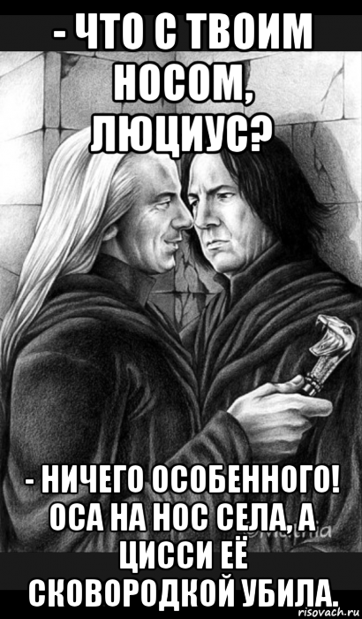 - что с твоим носом, люциус? - ничего особенного! оса на нос села, а цисси её сковородкой убила.