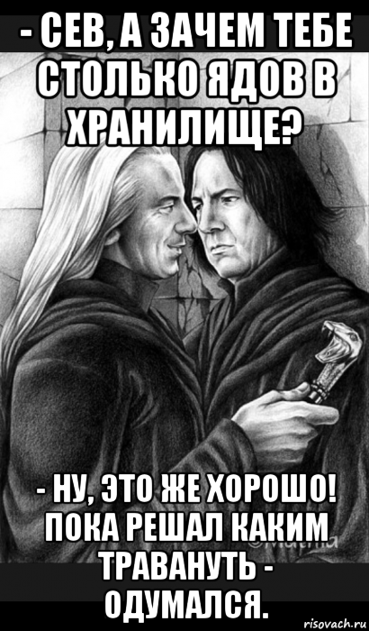 - сев, а зачем тебе столько ядов в хранилище? - ну, это же хорошо! пока решал каким травануть - одумался., Мем Снейп