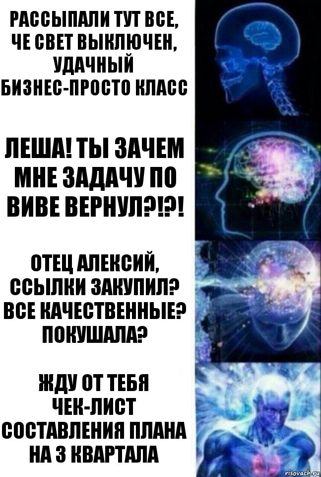 рассыпали тут все, че свет выключен, удачный бизнес-просто класс Леша! ты зачем мне задачу по Виве вернул?!?! Отец Алексий, ссылки закупил? все качественные? покушала? Жду от тебя чек-лист составления плана на 3 квартала