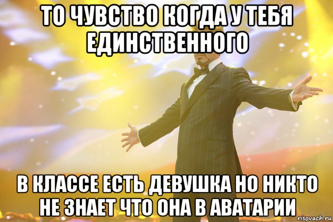 то чувство когда у тебя единственного в классе есть девушка но никто не знает что она в аватарии, Мем Тони Старк (Роберт Дауни младший)