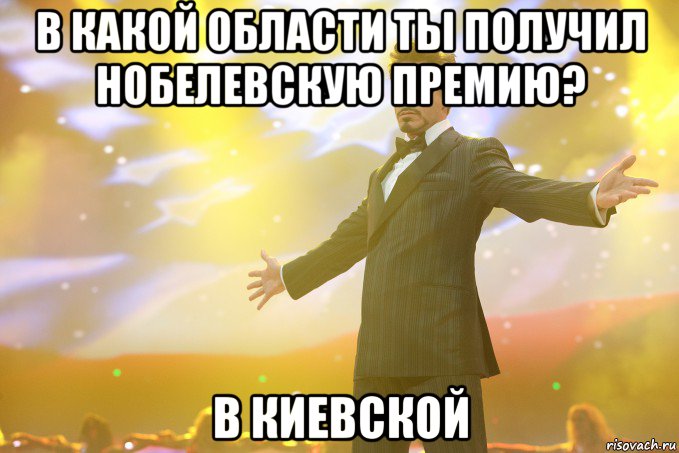 в какой области ты получил нобелевскую премию? в киевской, Мем Тони Старк (Роберт Дауни младший)