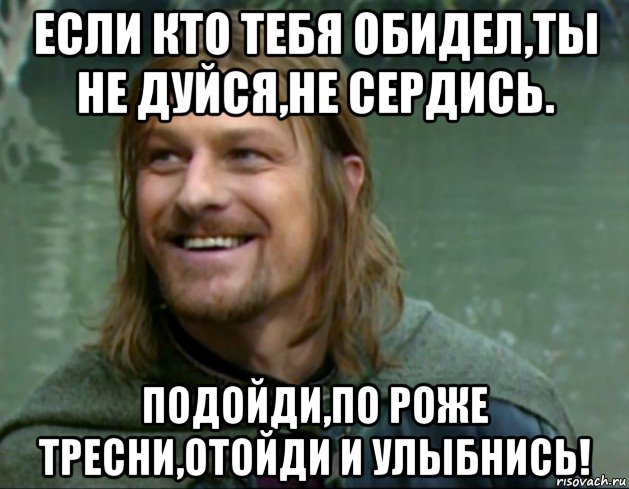 если кто тебя обидел,ты не дуйся,не сердись. подойди,по роже тресни,отойди и улыбнись!, Мем Тролль Боромир