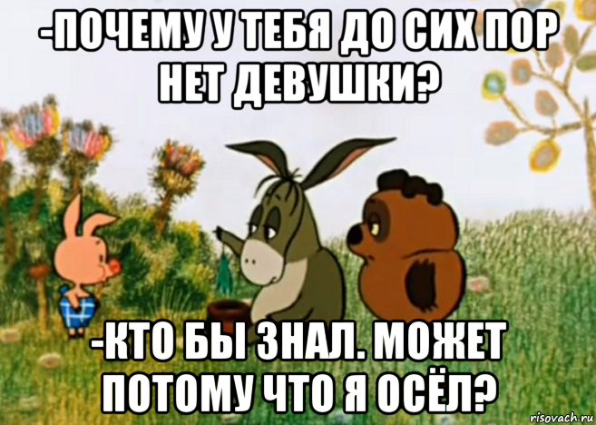 -почему у тебя до сих пор нет девушки? -кто бы знал. может потому что я осёл?, Мем Винни Пух Пятачок и Иа