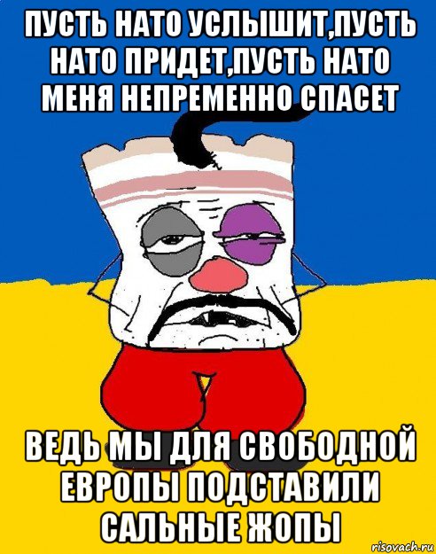 пусть нато услышит,пусть нато придет,пусть нато меня непременно спасет ведь мы для свободной европы подставили сальные жопы