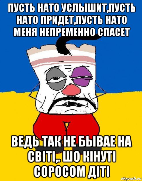 пусть нато услышит,пусть нато придет,пусть нато меня непременно спасет ведь так не бывае на свiтi,. шо кiнутi соросом дiтi