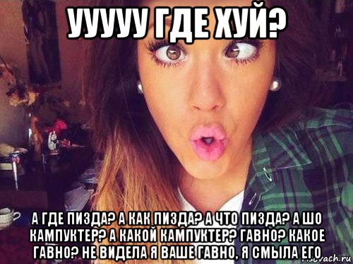 ууууу где хуй? а где пизда? а как пизда? а что пизда? а шо кампуктер? а какой кампуктер? гавно? какое гавно? не видела я ваше гавно, я смыла его, Мем женская логика