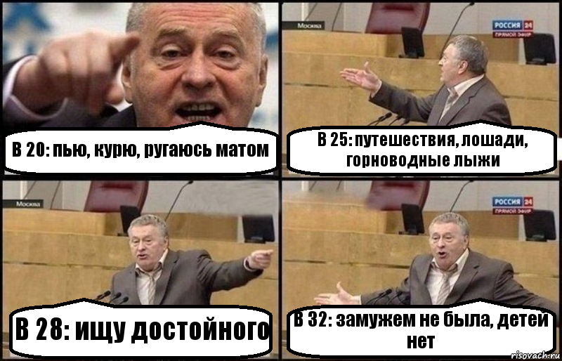 В 20: пью, курю, ругаюсь матом В 25: путешествия, лошади, горноводные лыжи В 28: ищу достойного В 32: замужем не была, детей нет, Комикс Жириновский