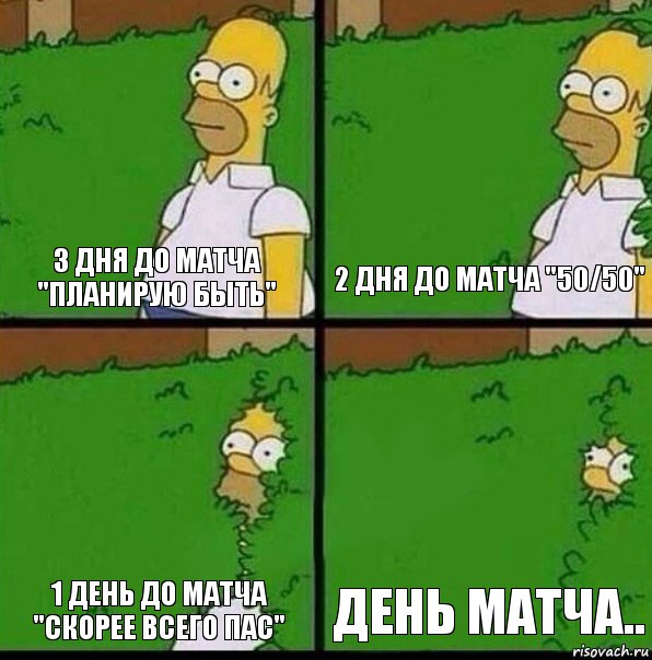 3 дня до матча "планирую быть" 2 дня до матча "50/50" 1 день до матча "скорее всего пас" день матча.., Комикс Гомер спрятался в кусты