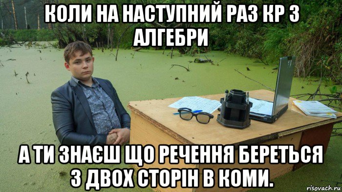 коли на наступний раз кр з алгебри а ти знаєш що речення береться з двох сторін в коми., Мем  Парень сидит в болоте