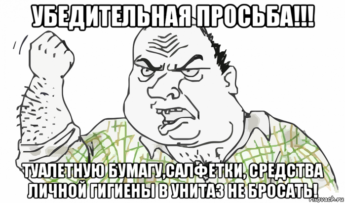 убедительная просьба!!! туалетную бумагу,салфетки, средства личной гигиены в унитаз не бросать!, Мем Будь мужиком