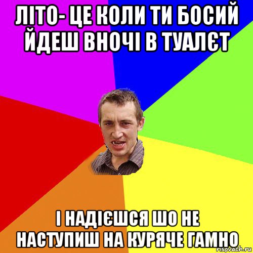 літо- це коли ти босий йдеш вночі в туалєт і надієшся шо не наступиш на куряче гамно, Мем Чоткий паца