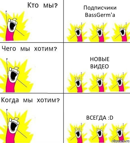 Подписчики BassGerm'a Новые
Видео Всегда :D, Комикс Что мы хотим