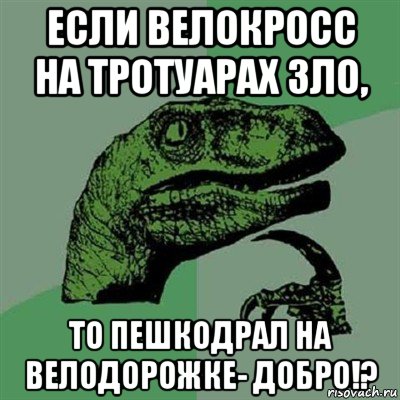 если велокросс на тротуарах зло, то пешкодрал на велодорожке- добро!?, Мем Филосораптор