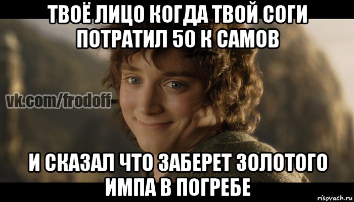 твоё лицо когда твой соги потратил 50 к самов и сказал что заберет золотого импа в погребе, Мем  Фродо